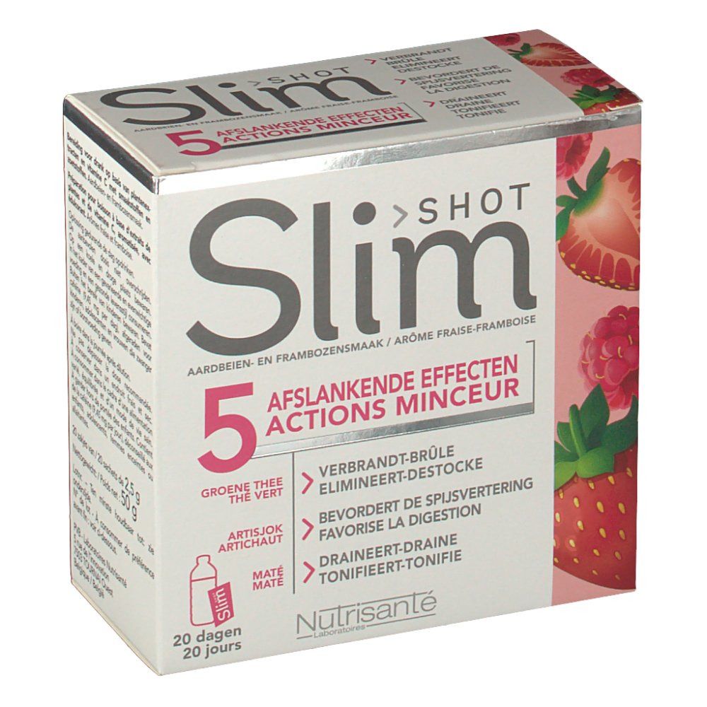 Doos Slim Shot 5 Actions Minceur, aardbei-frambozensmaak. Groene thee, artisjok, mate. 20 dagen.