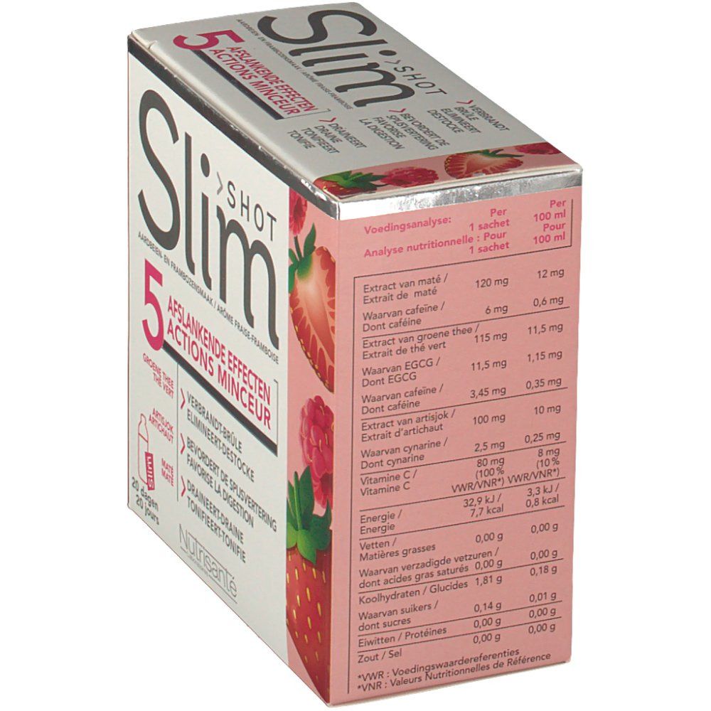 Doos Slim Shot 5 Actions Minceur. Voedingswaarden per portie en 100 ml. Bevat mate, groene thee, artisjok.