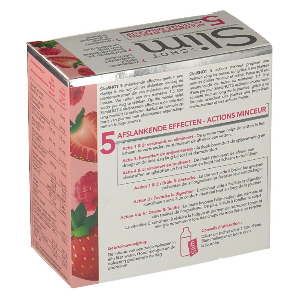 Achterkant doos Slim Shot 5 Actions Minceur. Tekst over de werking van ingrediënten. Aardbei- en frambozenillustraties.