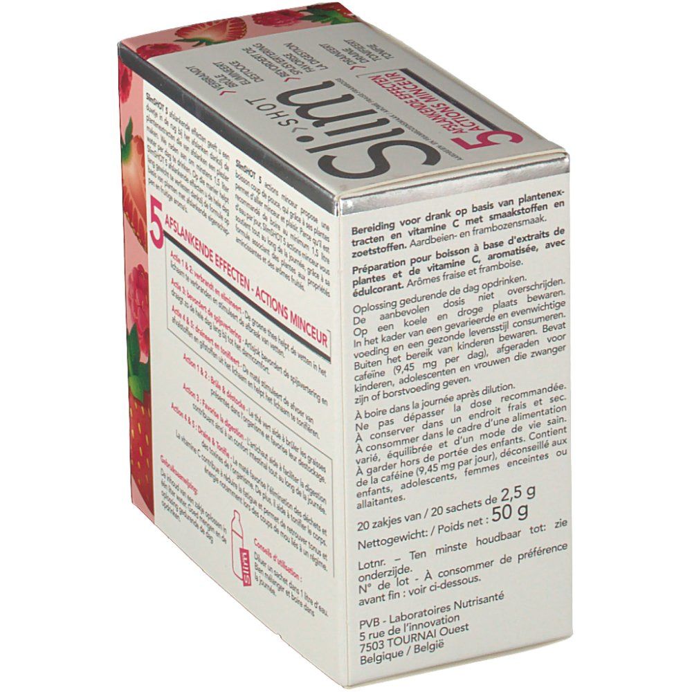 Doos Slim Shot 5 Actions Minceur. Tekst over gebruik en ingrediënten. 20 zakjes van 2,5 g.