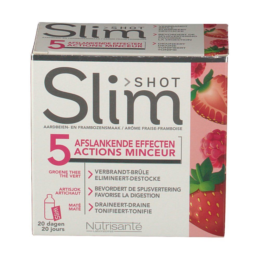 Doos Slim Shot 5 Actions Minceur, aardbei-frambozensmaak. Bevat groene thee, artisjok, mate. 20 dagen.