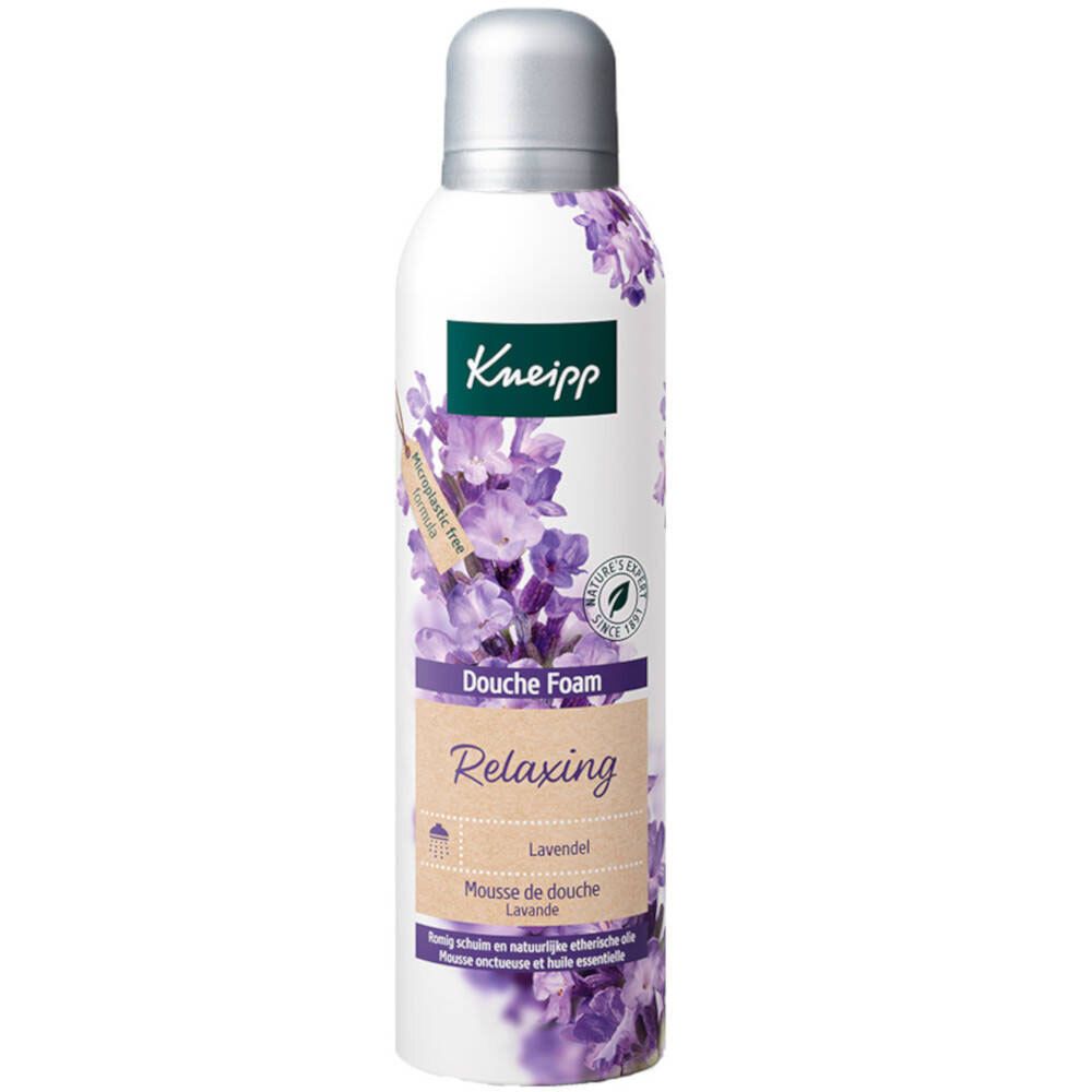 Flacon de mousse de douche blanc et violet avec motif lavande. Logo Kneipp, texte "Douche Foam", "Relaxing" et "Lavande".