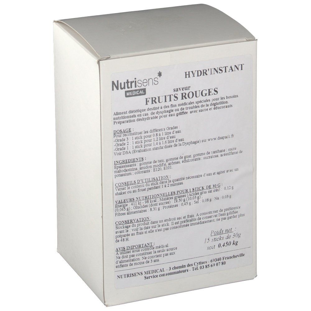 Boîte blanche avec informations produit. Inscription: Nutrisens, Hydr'Instant, fruits rouges. Contient 15 sticks.