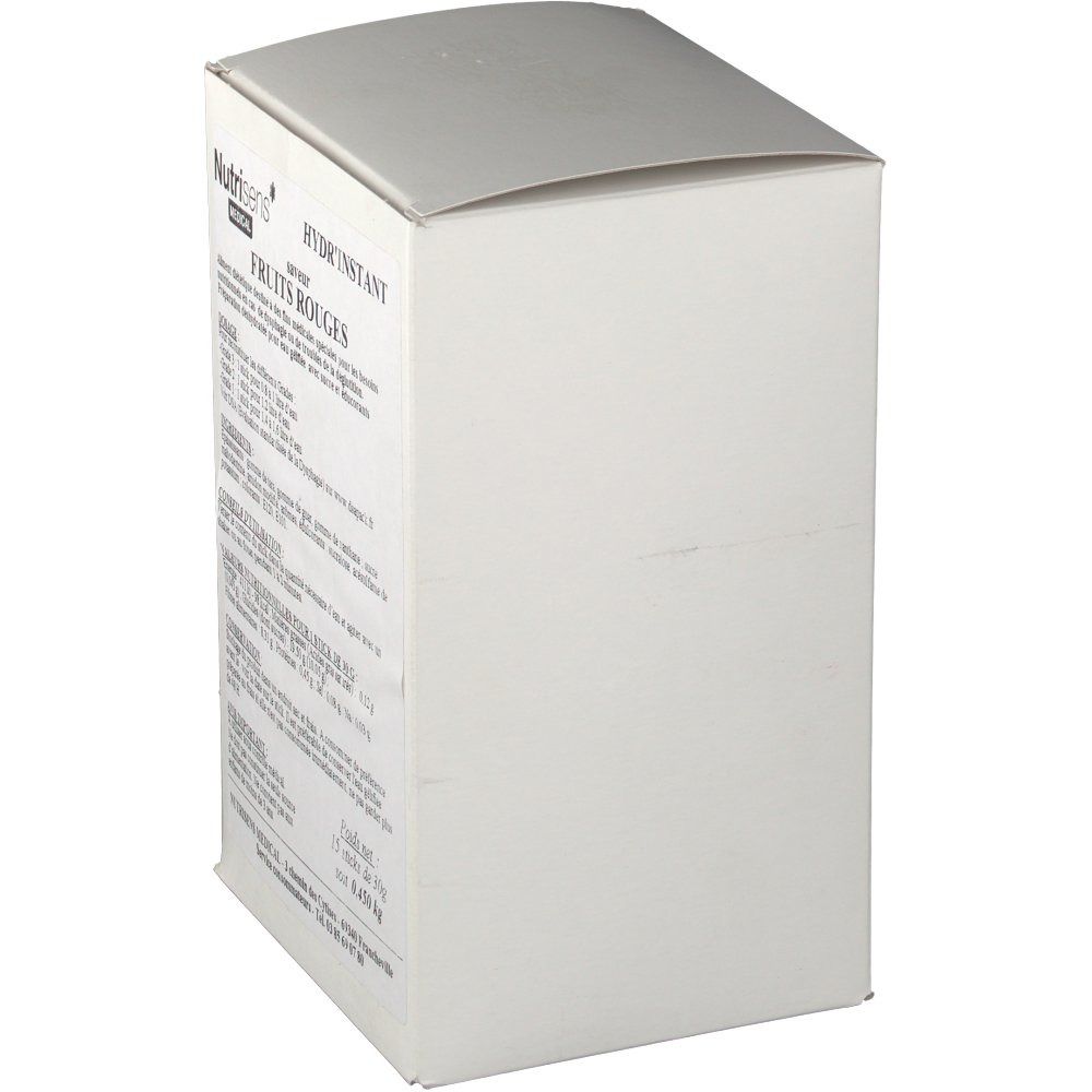 Boîte blanche avec informations produit. Inscription: Nutrisens, Hydr'Instant, fruits rouges. Texte en français.