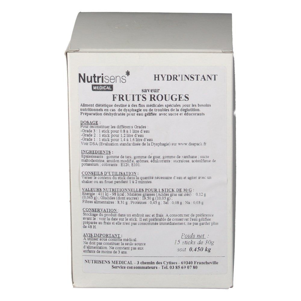 Boîte blanche avec informations produit. Inscription: Nutrisens, Hydr'Instant, fruits rouges. Contient 15 sticks.