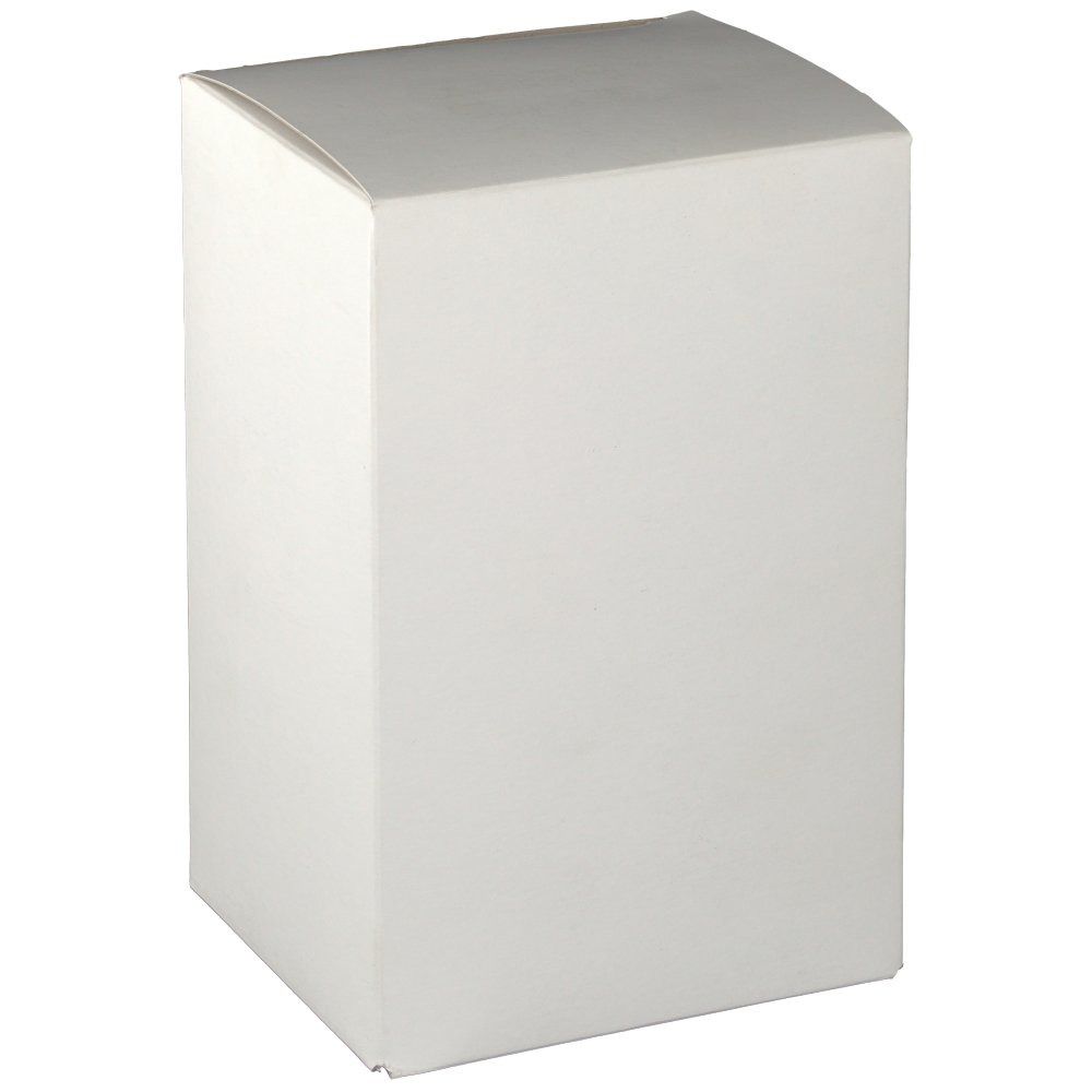 Boîte en carton blanche, rectangulaire, avec le dessus arrondi.
