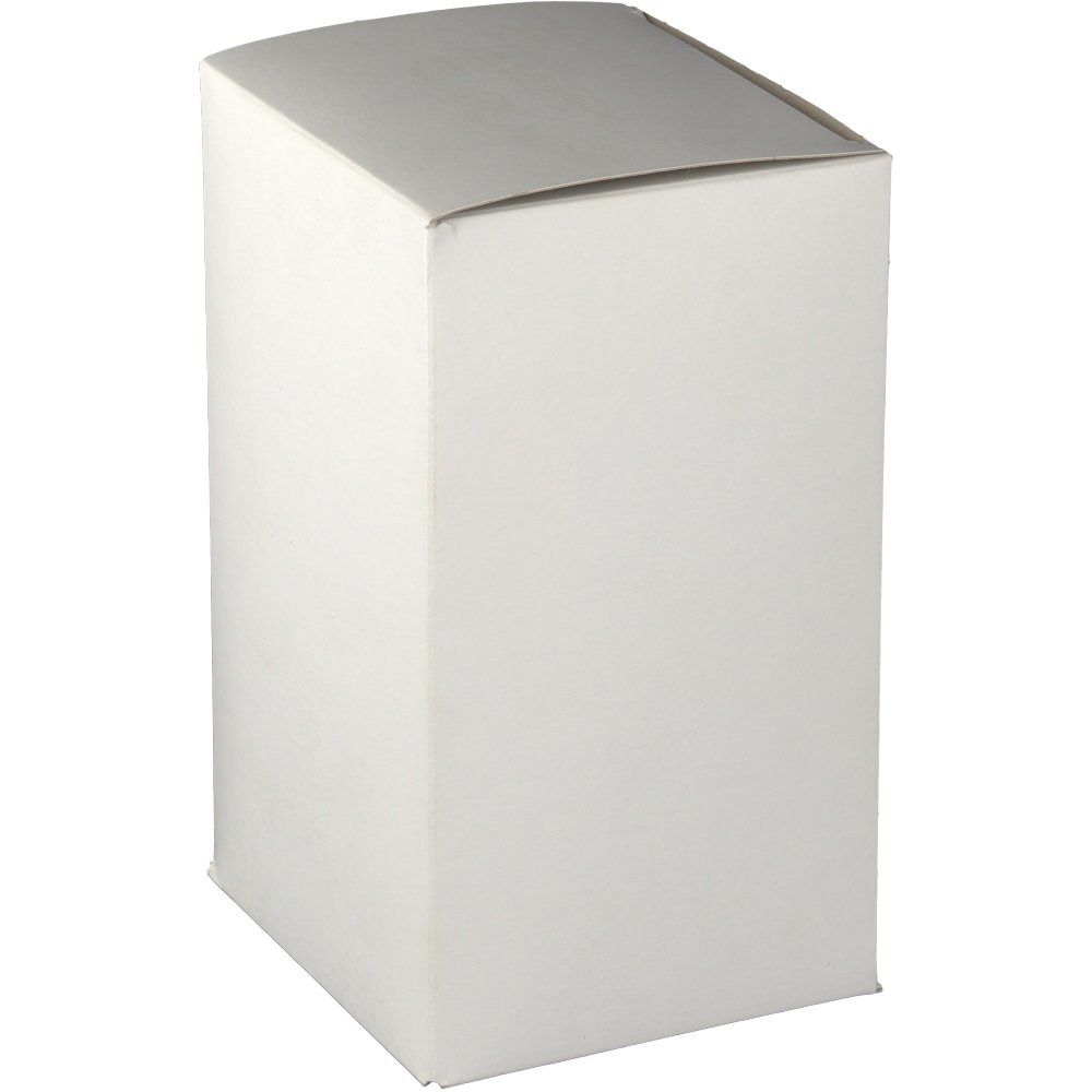 Boîte en carton blanche rectangulaire avec le dessus arrondi.
