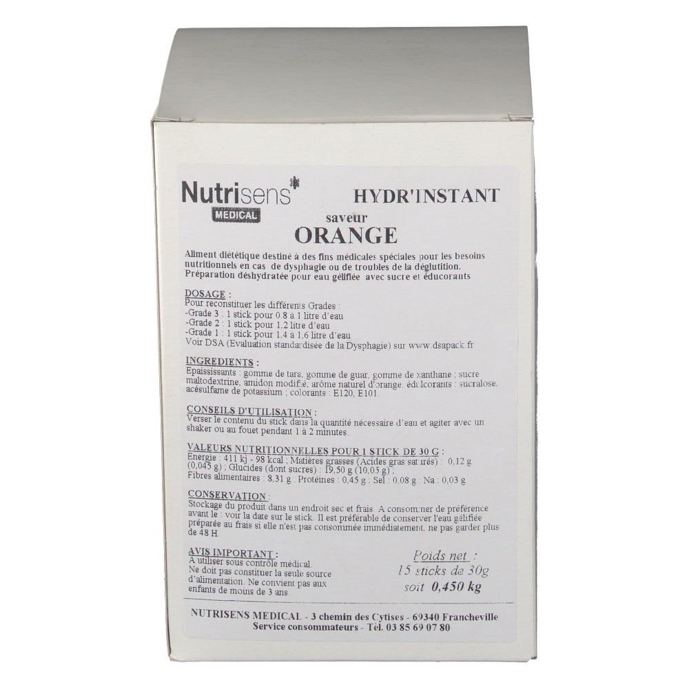 Boîte en carton blanche avec nom du produit "Hydr'Instant Orange" et informations.