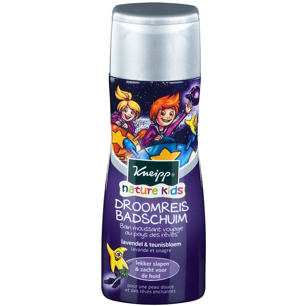 Flacon de bain moussant Kneipp Nature Kids. Étiquette violette avec illustration d'enfants. Contient de la lavande et de l'onagre. Bouchon argenté.