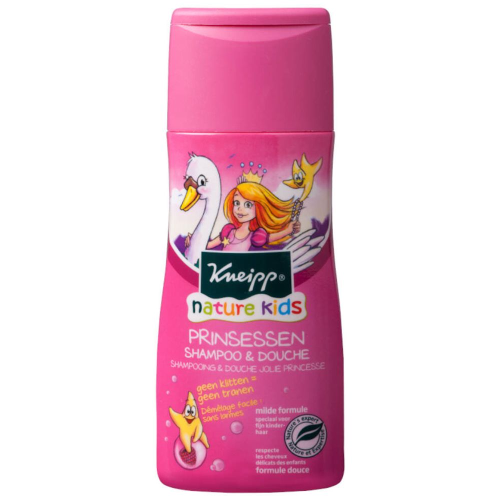 Flacon rose Kneipp Nature Kids Shampoo & Douche Princesse. Illustration princesse, cygne et étoile. Texte en plusieurs langues.