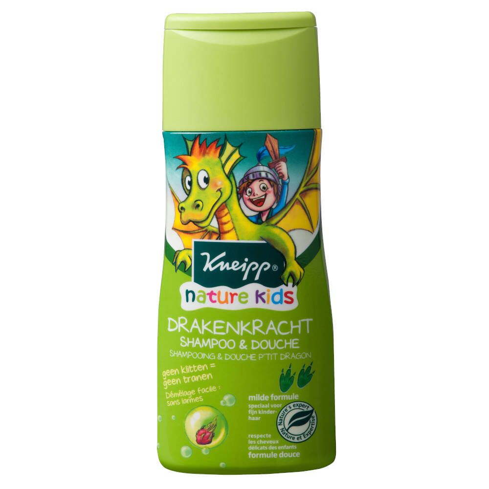 Flacon vert de shampooing Kneipp Nature Kids Dragon Power. Étiquette avec illustration de dragon et nom du produit.