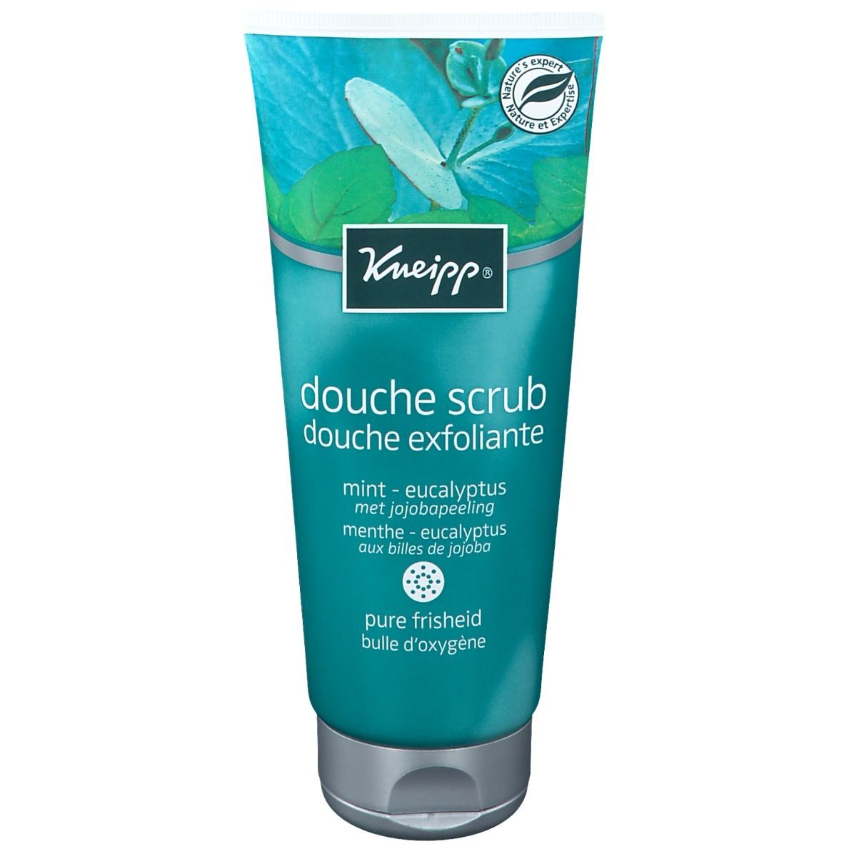 Kneipp® Douche Scrub tube, turquoise en wit, met productnaam en plantenillustratie. Bevat jojoba peeling.