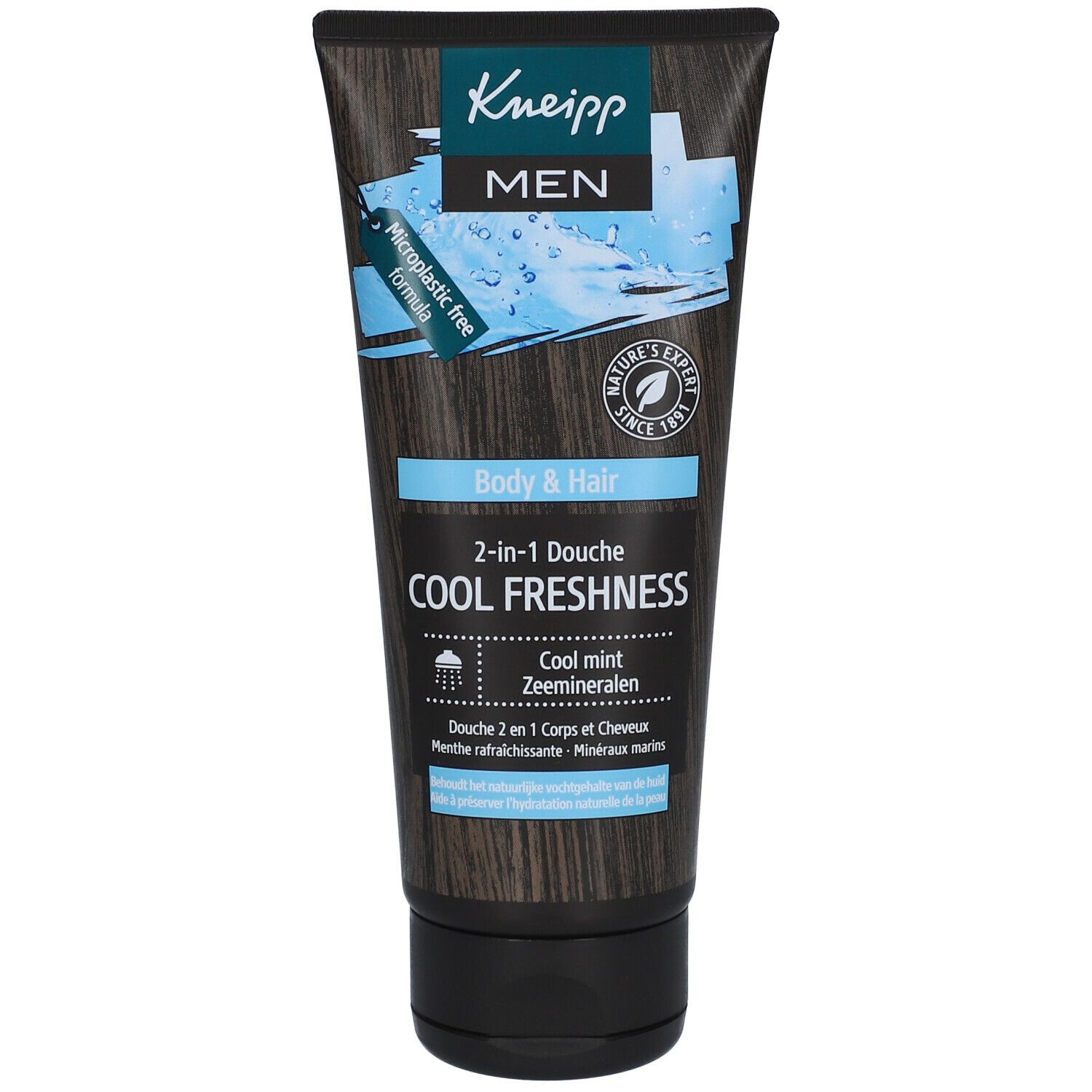 Tube Kneipp 2 in 1 Douche voor mannen. Zwarte achtergrond, blauwe accenten. Tekst: Body & Hair, Cool Freshness, Cool Mint.