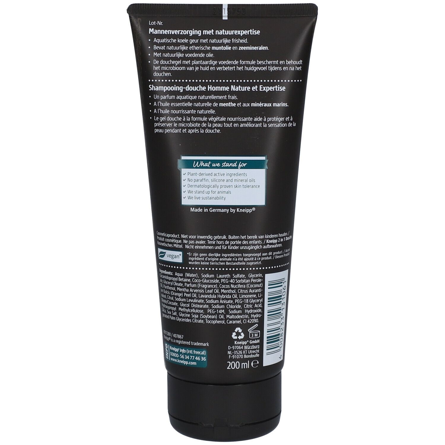 Achterkant van de tube Kneipp 2 in 1 Douche voor mannen. Meertalige tekst. Bevat informatie over ingrediënten en certificeringen.
