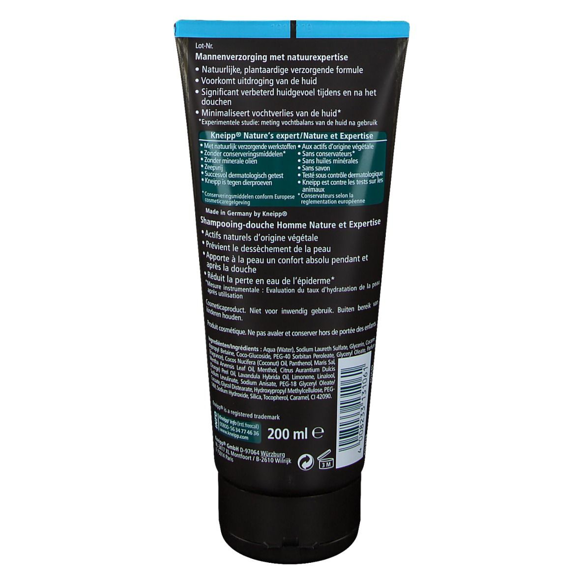 Achterkant van de tube Kneipp 2 in 1 Douche voor mannen. Meertalige tekst. Bevat informatie over ingrediënten en certificeringen.