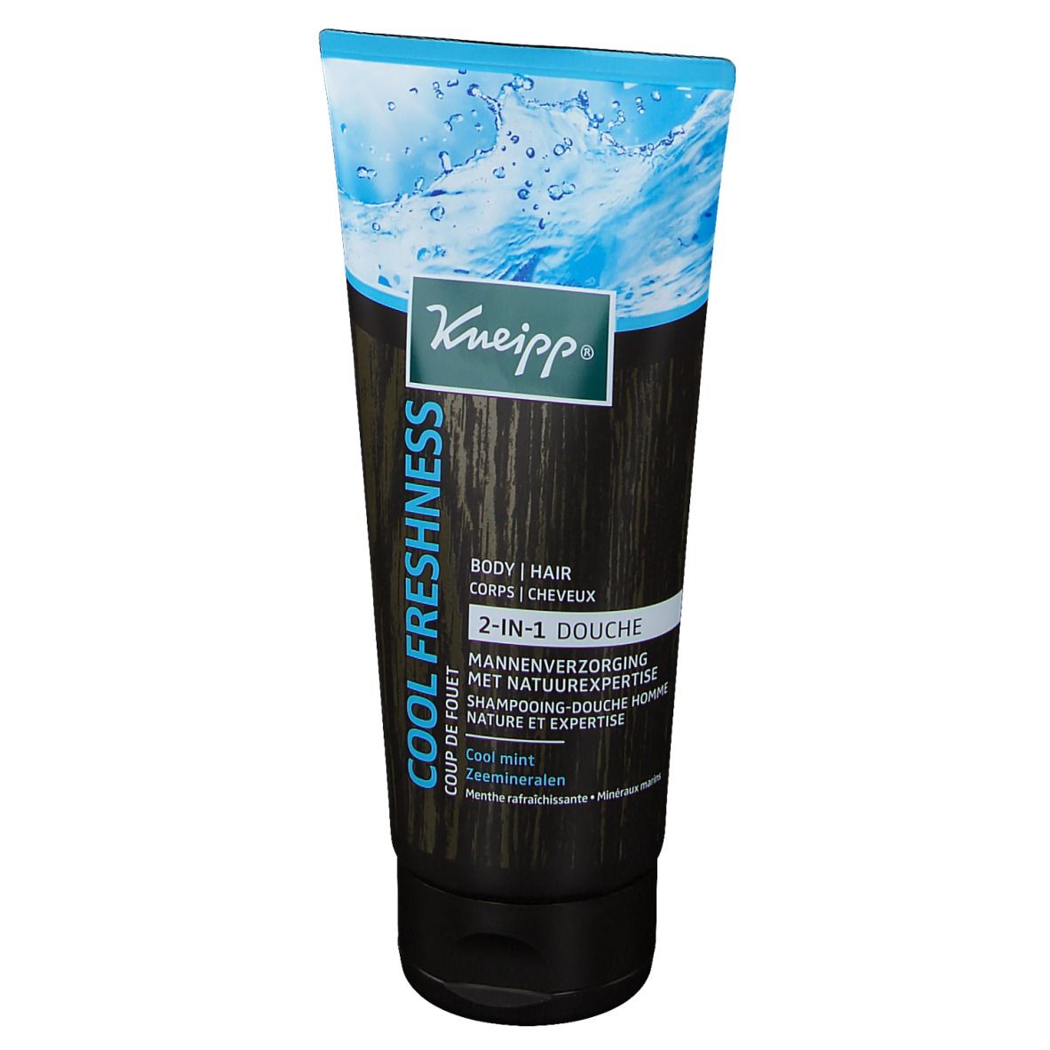 Kneipp 2 in 1 Douche voor mannen, tube. Zwarte achtergrond, blauwe accenten. Tekst: Cool Freshness, Body | Hair | Corps | Cheveux.