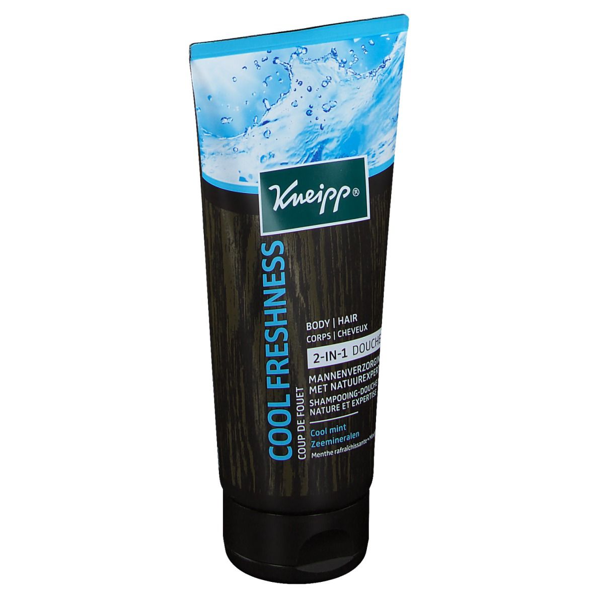 Kneipp 2 in 1 Douche voor mannen, tube. Zwarte achtergrond, blauwe accenten. Tekst: Cool Freshness, Body | Hair | Corps | Cheveux.