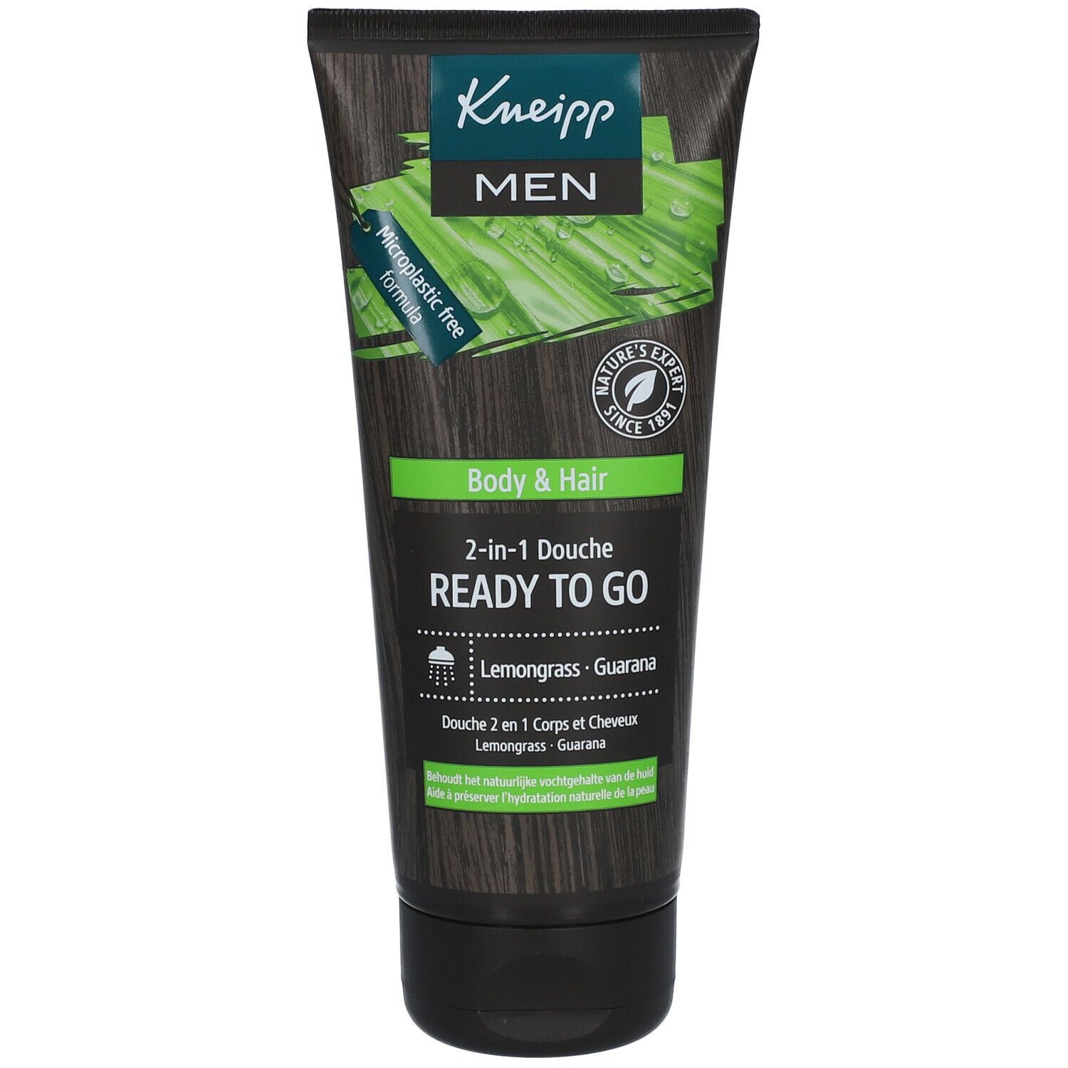 Kneipp MEN douchegel. Zwarte tube met groen etiket. Tekst: 2-in-1, Lemongrass-Guarana. Microplasticvrij.