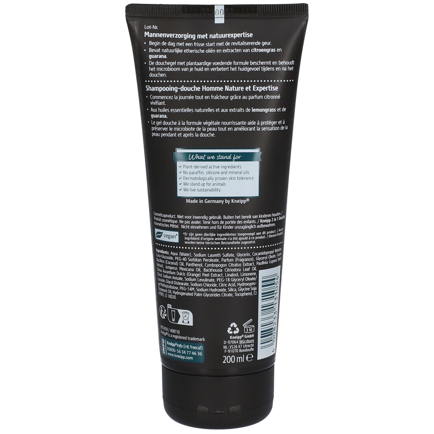 Achterkant Kneipp douchegel tube. Tekst: ingrediënten, vegan, 200 ml. Gemaakt in Duitsland. Gebruiksinformatie.