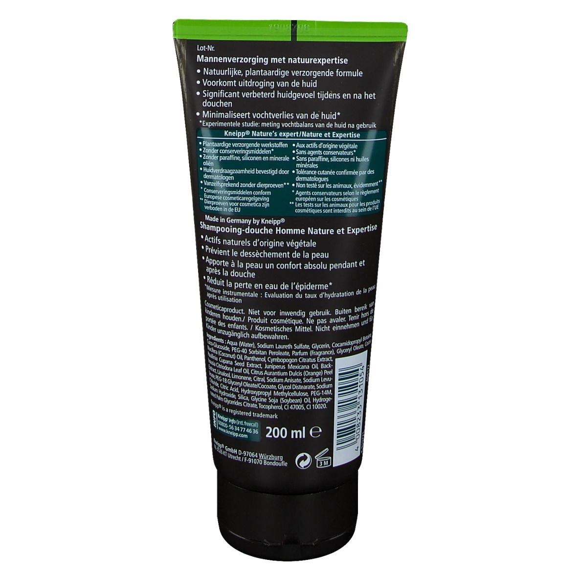 Achterkant Kneipp douchegel tube. Tekst: ingrediënten, vegan, 200 ml. Gemaakt in Duitsland. Gebruiksinformatie.