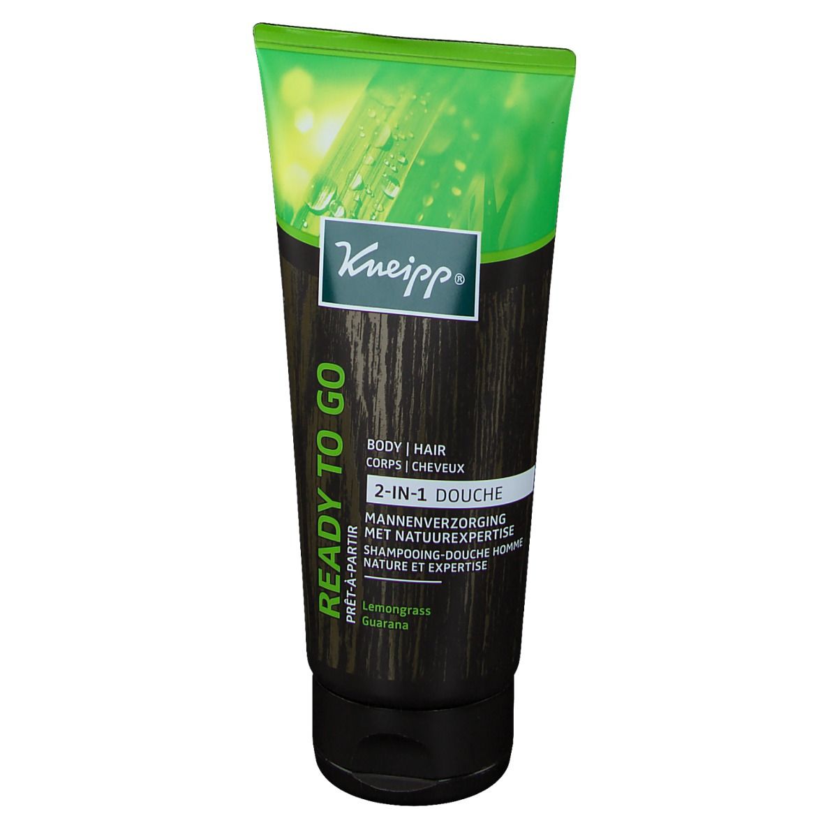 Kneipp douchegel tube. Groen-zwart design. Tekst: Ready to Go, 2-in-1, Lemongrass-Guarana. Prêt-à-partir.