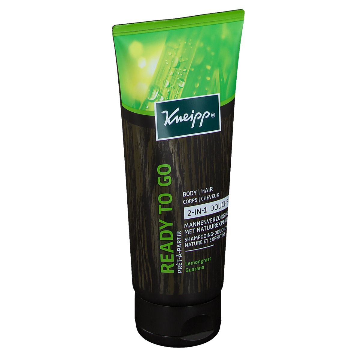 Kneipp douchegel tube. Groen-zwart design. Tekst: Ready to Go, 2-in-1, Lemongrass-Guarana. Prêt-à-partir.
