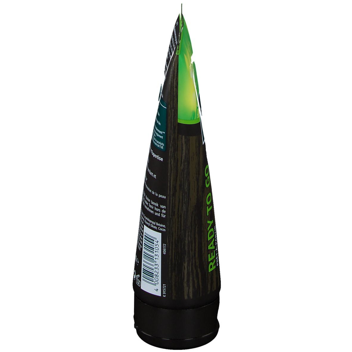 Kneipp douchegel tube, zijaanzicht. Groen-zwart design. Tekst: Ready to Go. Barcode en productinfo.