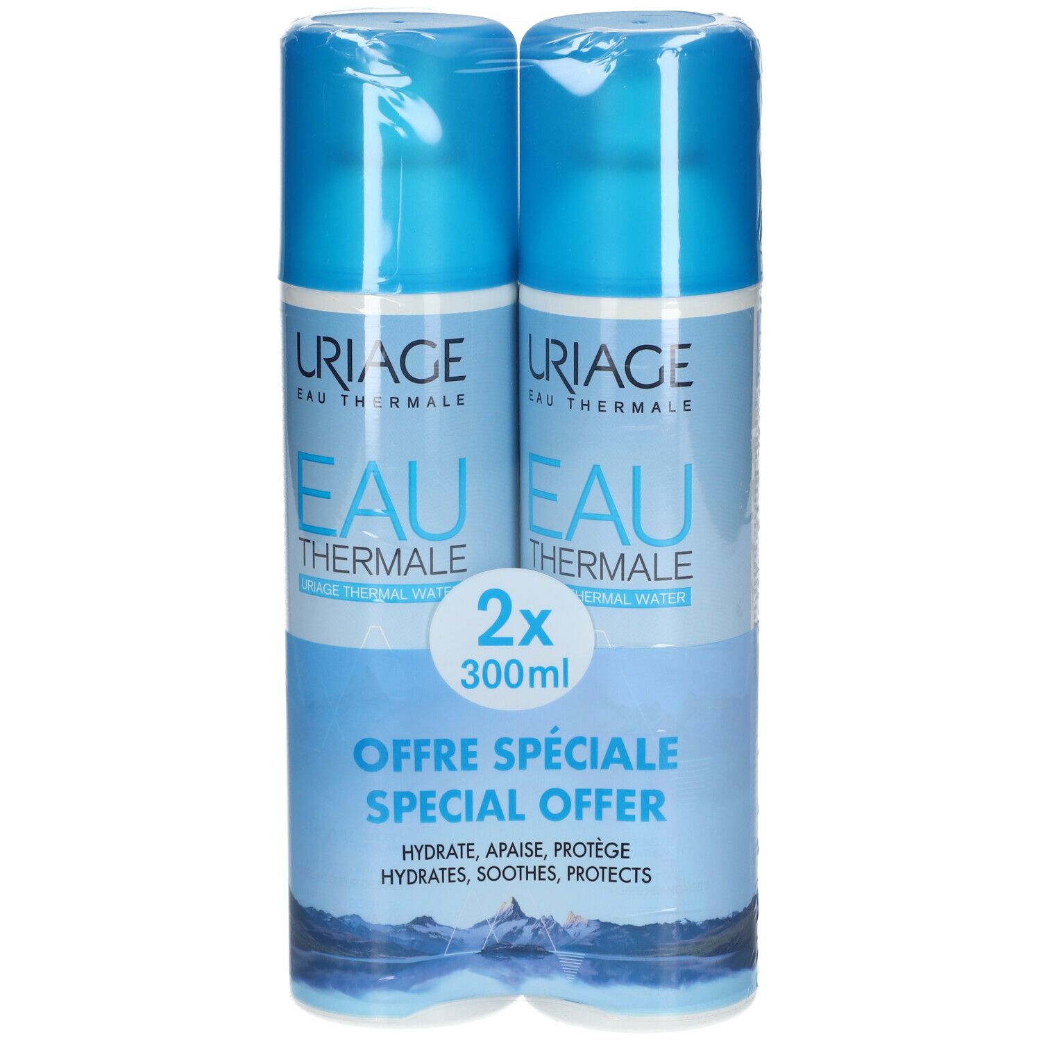 Due spray blu confezionati. Scritta: Uriage Eau Thermale, 2x 300ml. Offerta speciale. Idrata, lenisce, protegge.