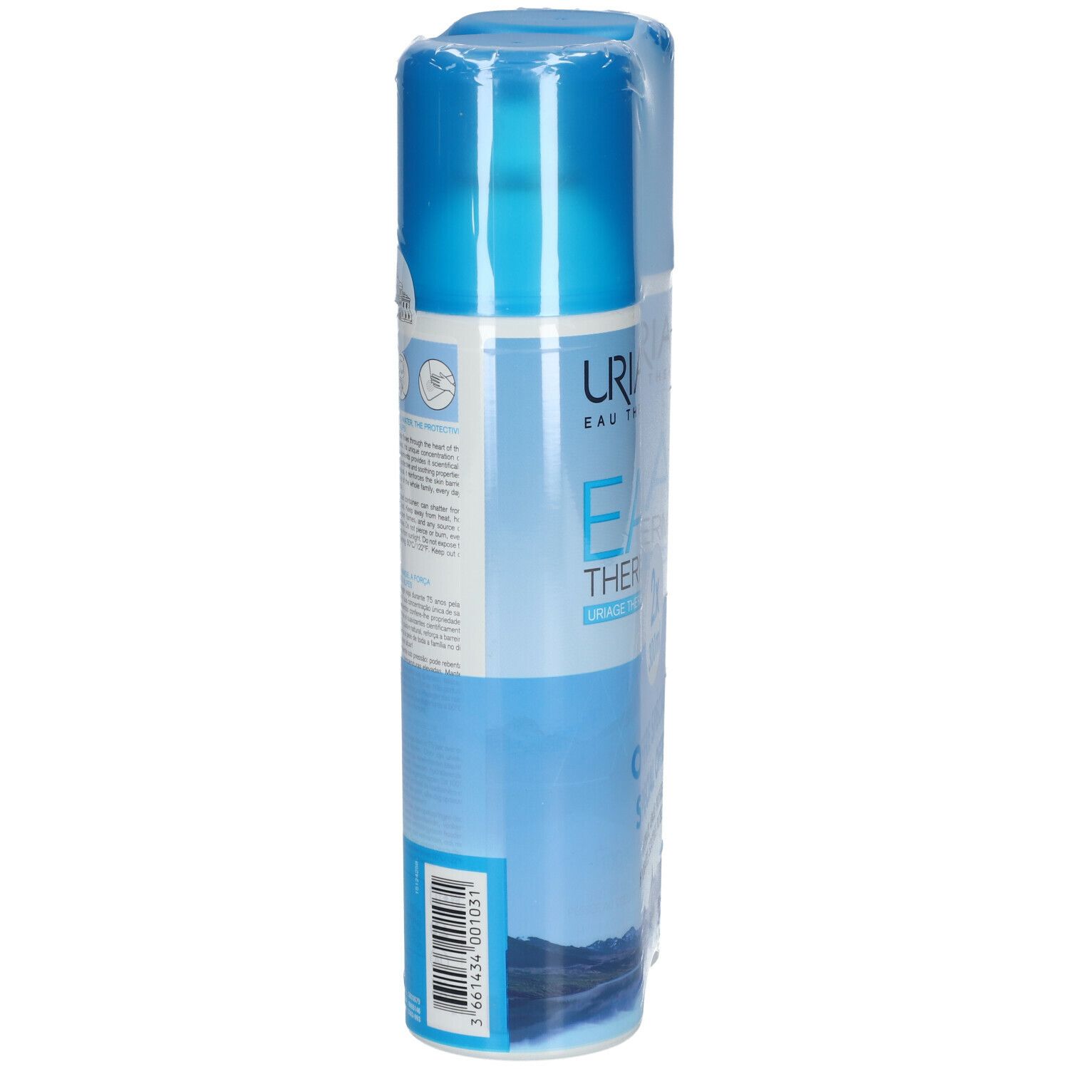 Spray blu confezionato. Scritta: Uriage Eau Thermale. Retro con testo e codice a barre.
