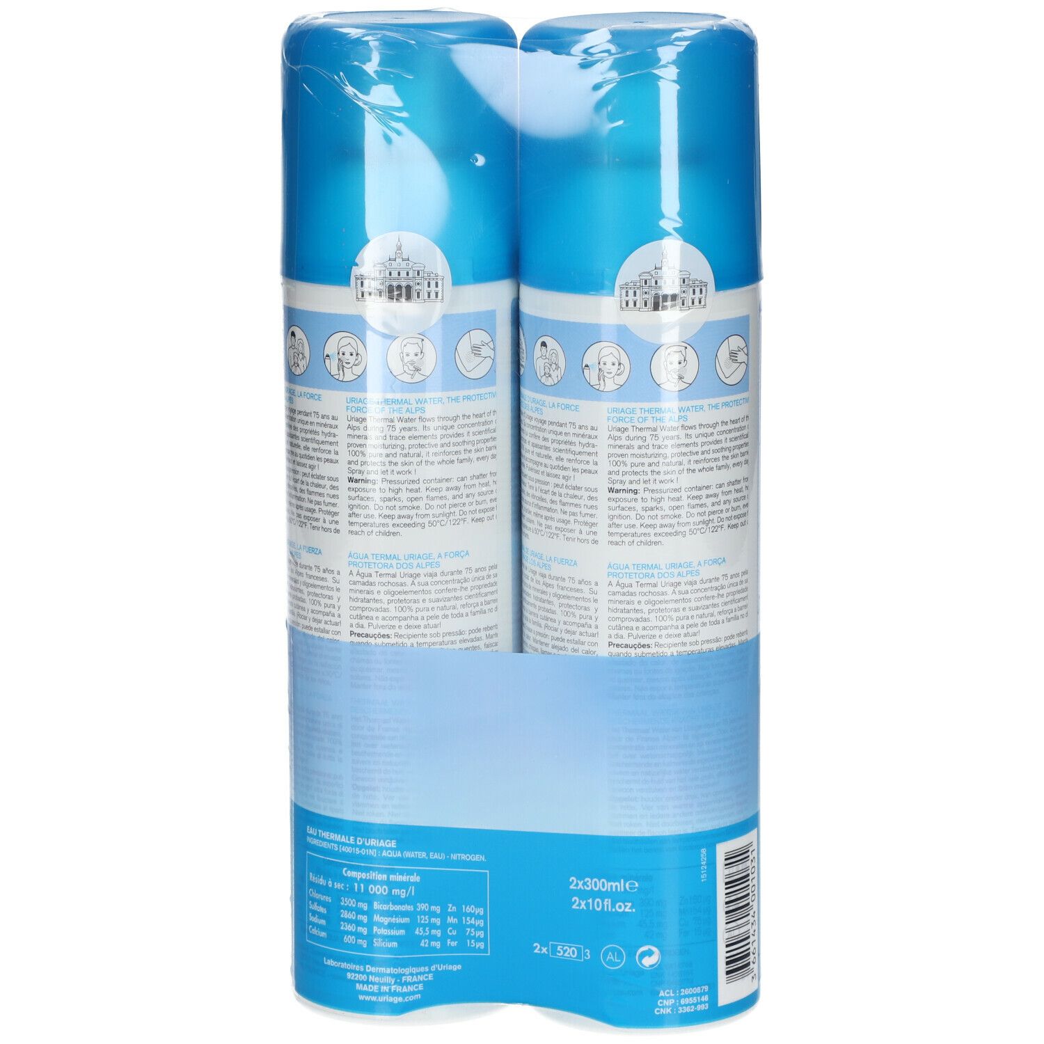 Due spray blu confezionati. Retro con testo, ingredienti e codice a barre.