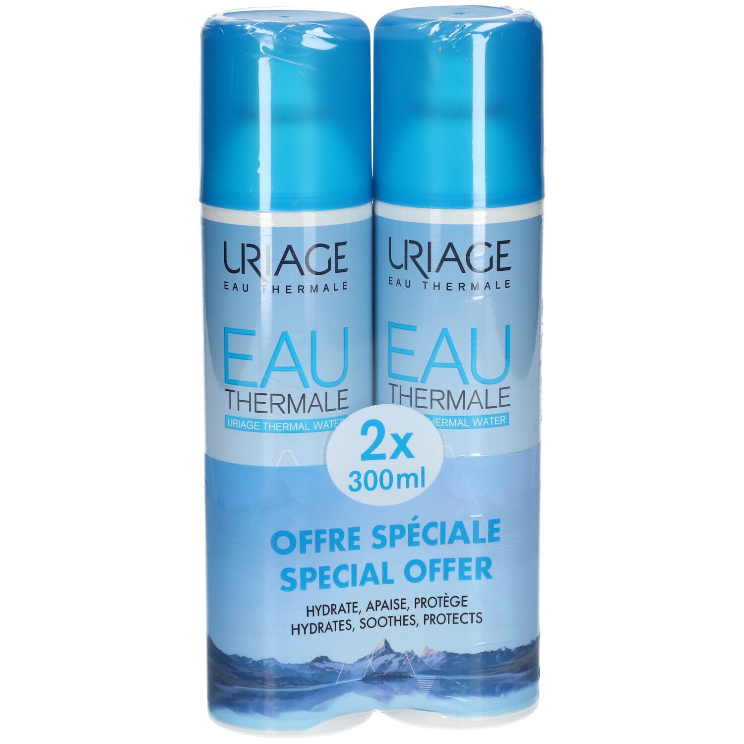 Due spray blu confezionati. Scritta: Uriage Eau Thermale, 2x 300ml. Offerta speciale. Idrata, lenisce, protegge.