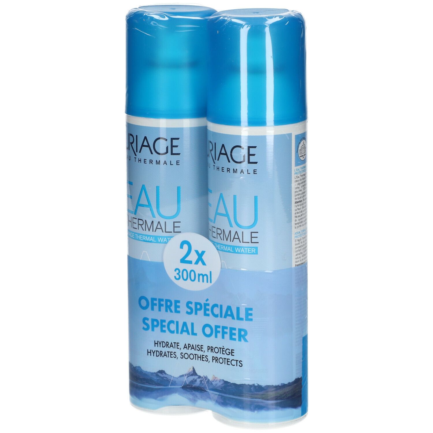 Due spray blu confezionati. Scritta: Uriage Eau Thermale, 2x 300ml. Offerta speciale. Idrata, lenisce, protegge.