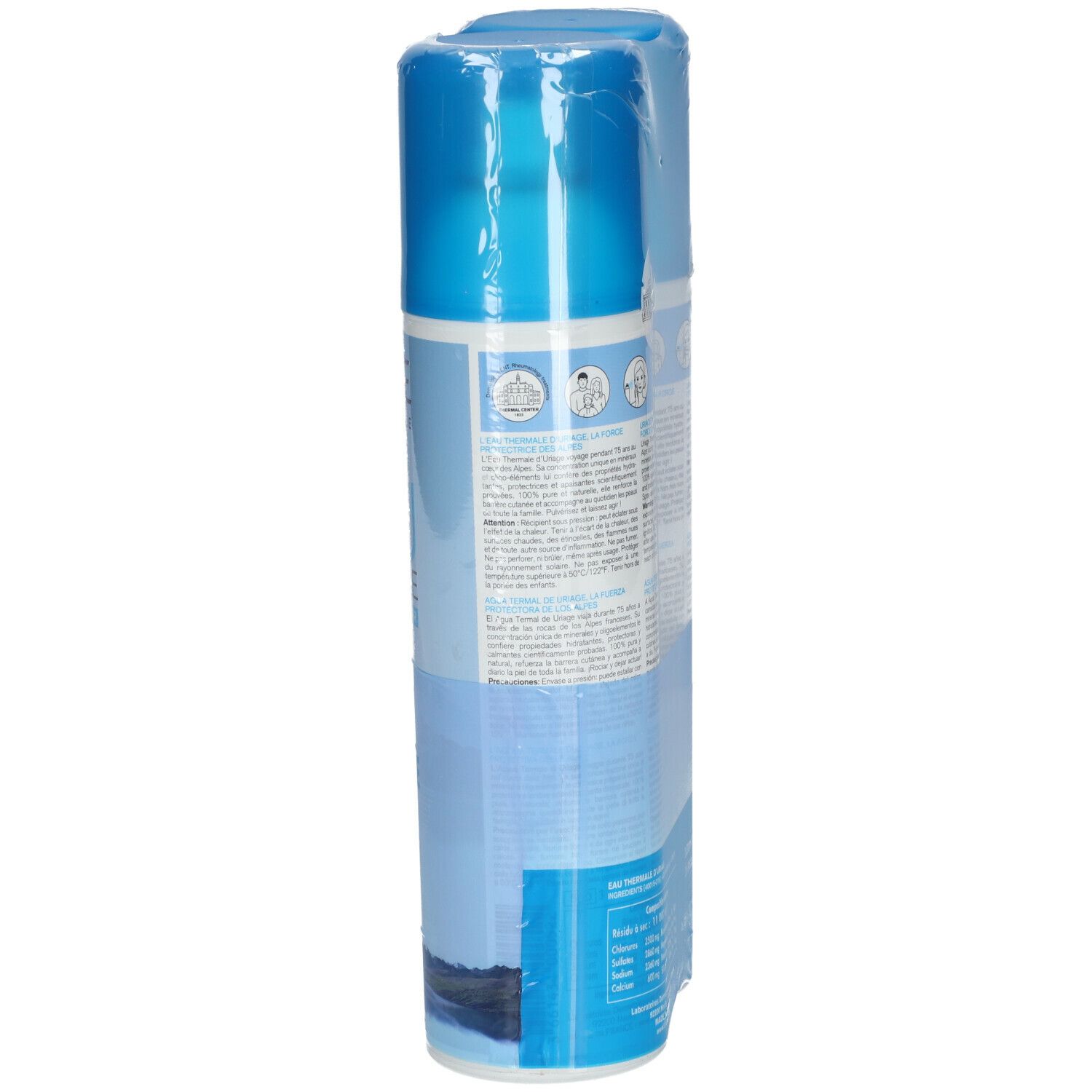 Spray blu confezionato. Retro con testo, ingredienti e codice a barre.