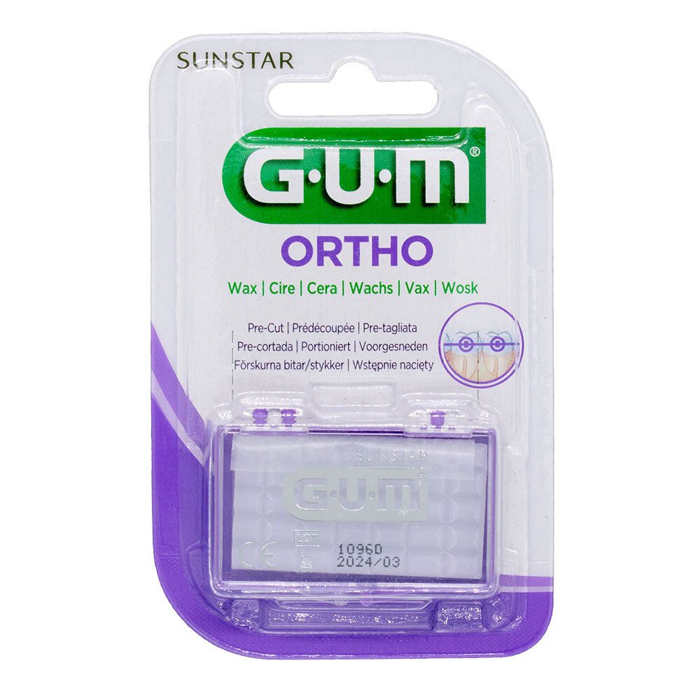 Blisterverpakking met GUM Ortho Wax. Groen-wit logo. Transparante, rechthoekige wastabletten in een transparante doos.