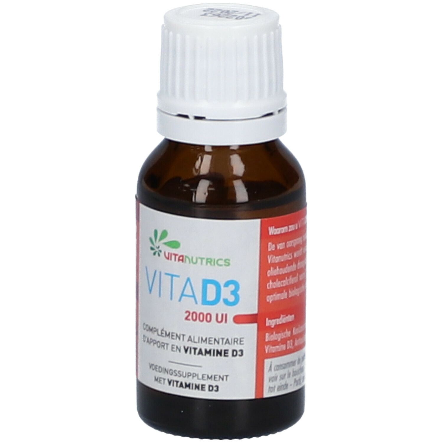 Bruine glazen fles met witte dop. Opschrift: Vitanutrics, VitaD3 2000 UI. Voedingssupplement met vitamine D3. 15ml.