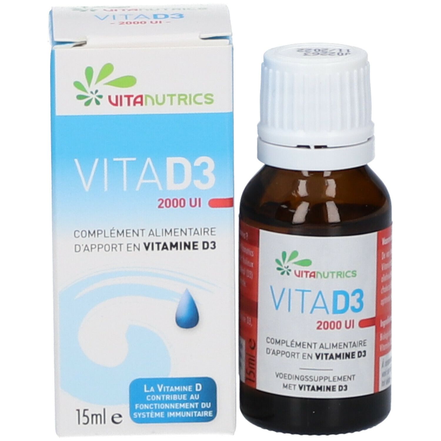 Vitanutrics VitaD3 2000 UI fles en doos. Opschrift: Voedingssupplement met vitamine D3. 15ml. Doos met druppel-symbool.