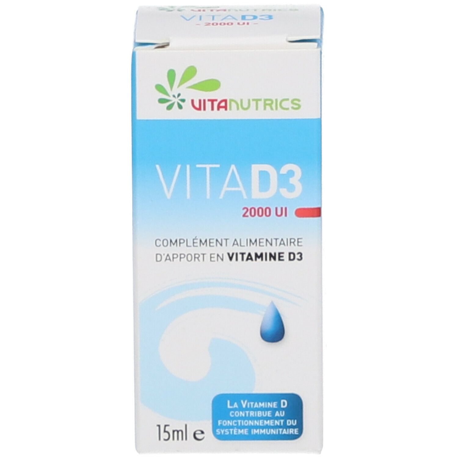 Doos Vitanutrics VitaD3 2000 UI. Opschrift: Voedingssupplement met vitamine D3. 15ml. Druppel-symbool. Blauwe en witte kleuren.