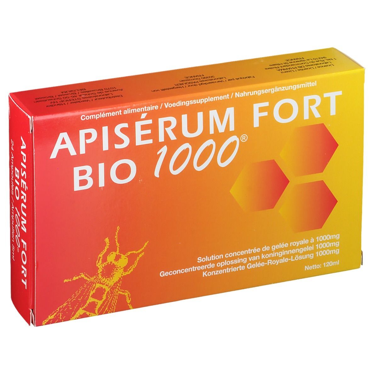 Doos Apiserum Fort Bio 1000. Oranje-geel ontwerp met productnaam en bijenillustratie.