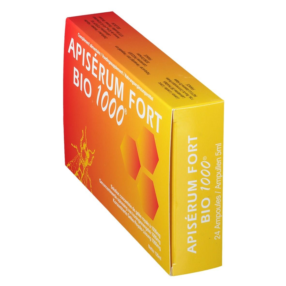 Schuine weergave van de Apiserum Fort Bio 1000 doos. Oranje-geel ontwerp met productnaam.
