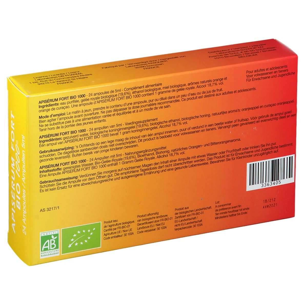 Achterkant van de Apiserum Fort Bio 1000 doos. Meertalige tekst, bio-label, barcode.