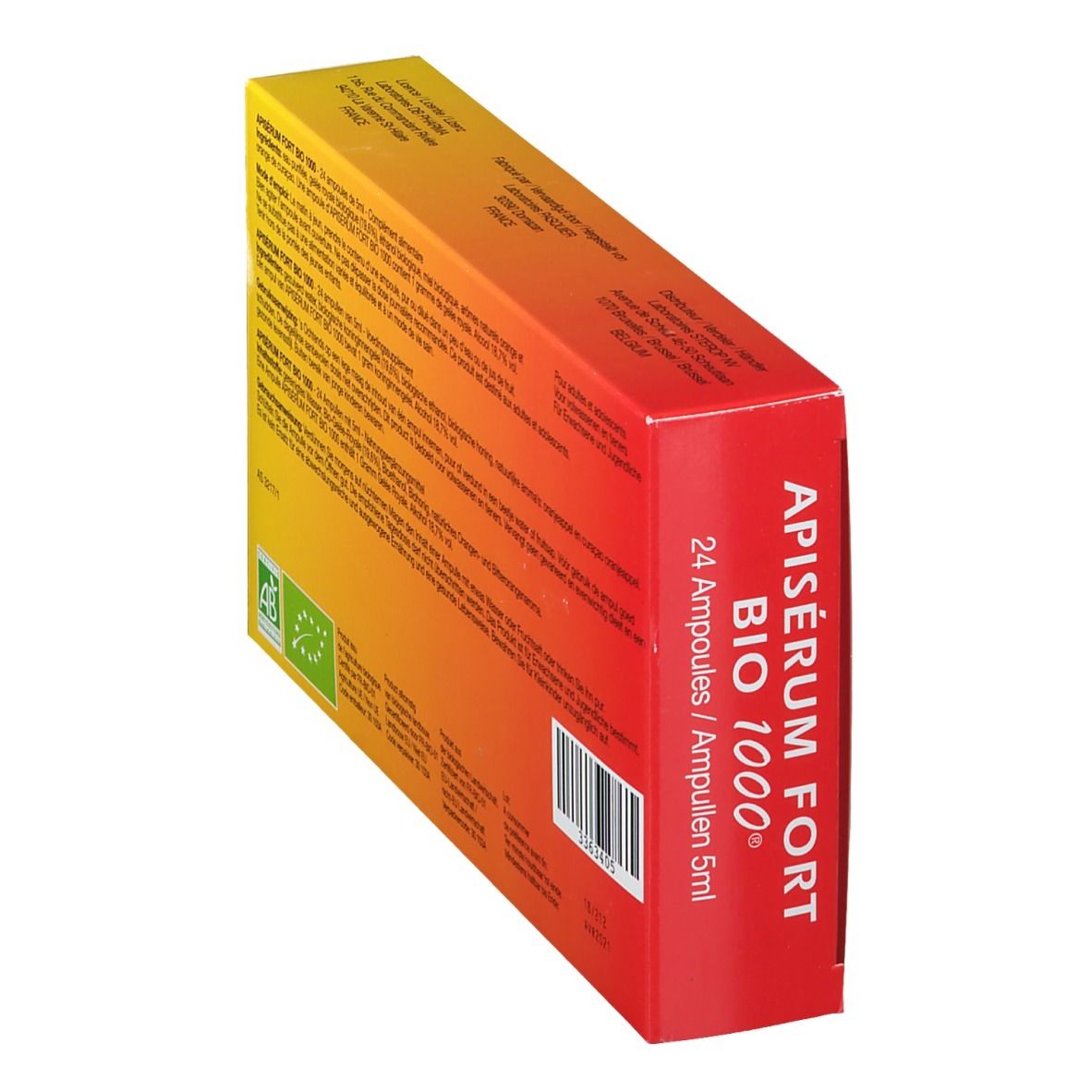 Schuine weergave van de Apiserum Fort Bio 1000 doos. Oranje-geel ontwerp, productnaam en tekst.