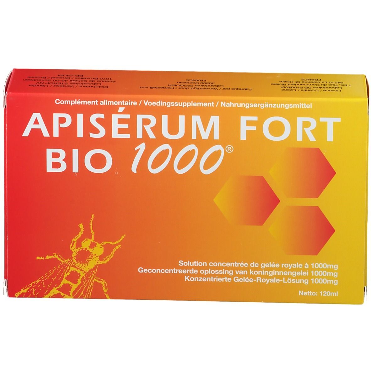 Vooraanzicht van de Apiserum Fort Bio 1000 doos. Oranje-geel ontwerp, productnaam en honingraten.