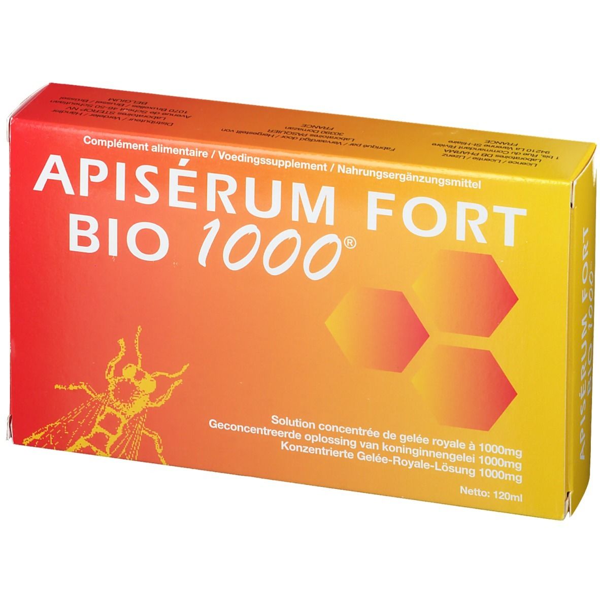 Vooraanzicht van de Apiserum Fort Bio 1000 doos. Oranje-geel ontwerp, productnaam en honingraten.