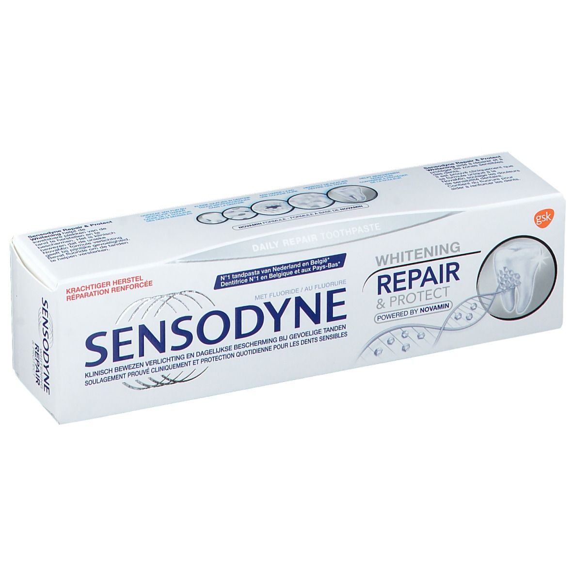 Emballage de dentifrice blanc avec texte bleu et gris. Inscription: SENSODYNE, Repair & Protect Whitening.