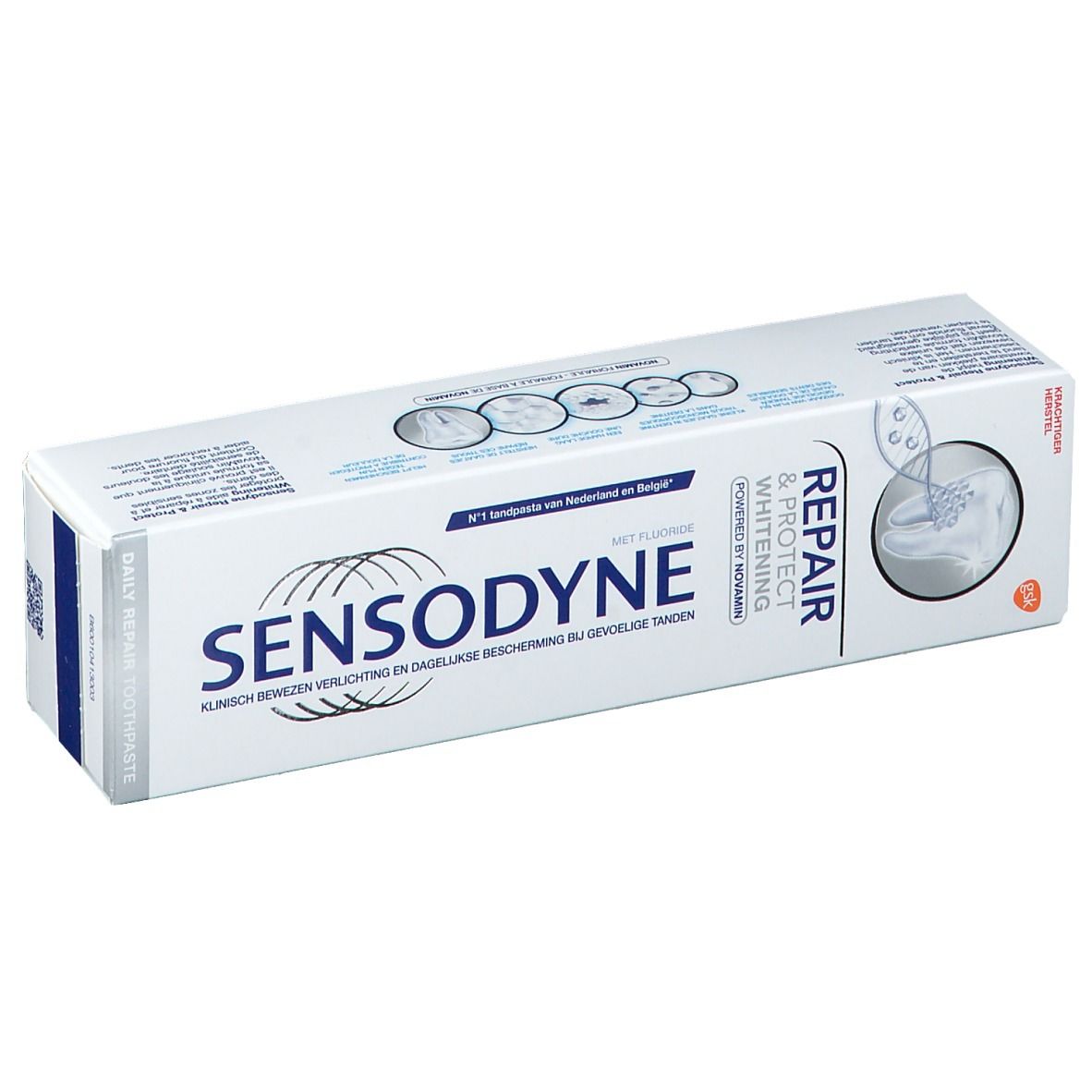 Emballage de dentifrice blanc avec texte bleu et gris. Inscription: SENSODYNE, Repair & Protect Whitening.