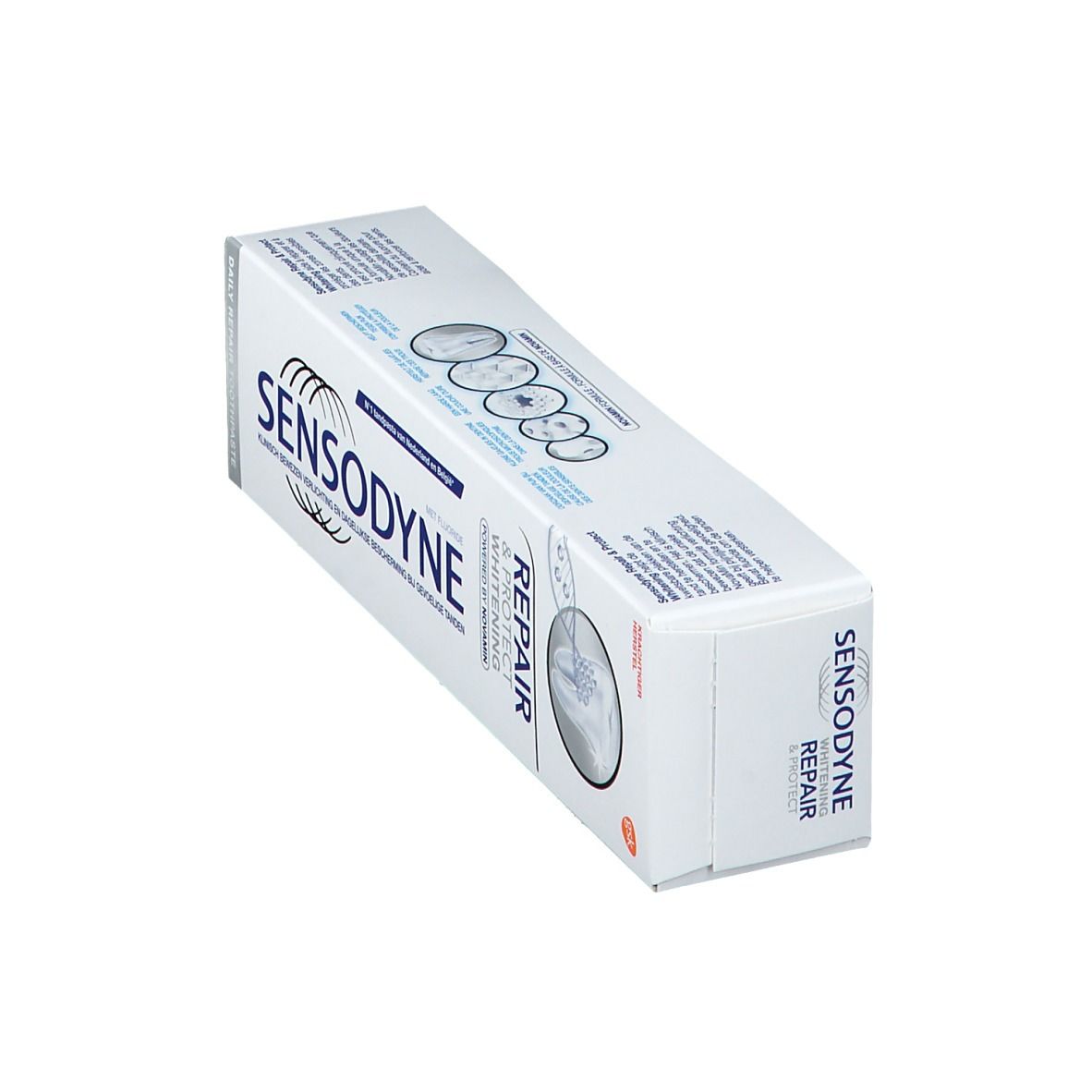 Emballage de dentifrice incliné, blanc avec texte bleu. Inscription: SENSODYNE, Repair & Protect Whitening.