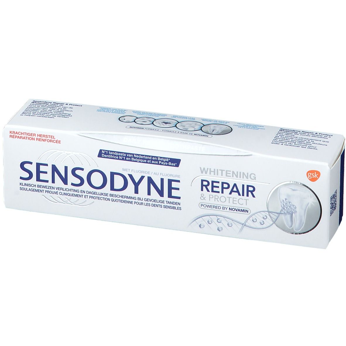 Emballage de dentifrice blanc avec texte bleu et gris. Inscription: SENSODYNE, Repair & Protect Whitening.