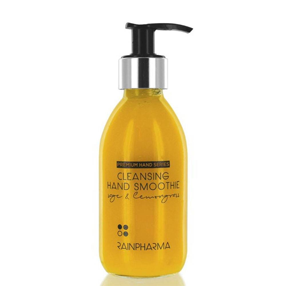 Gele fles met zwarte pomp. Opschrift: Cleansing Hand Smoothie, Rainpharma.
