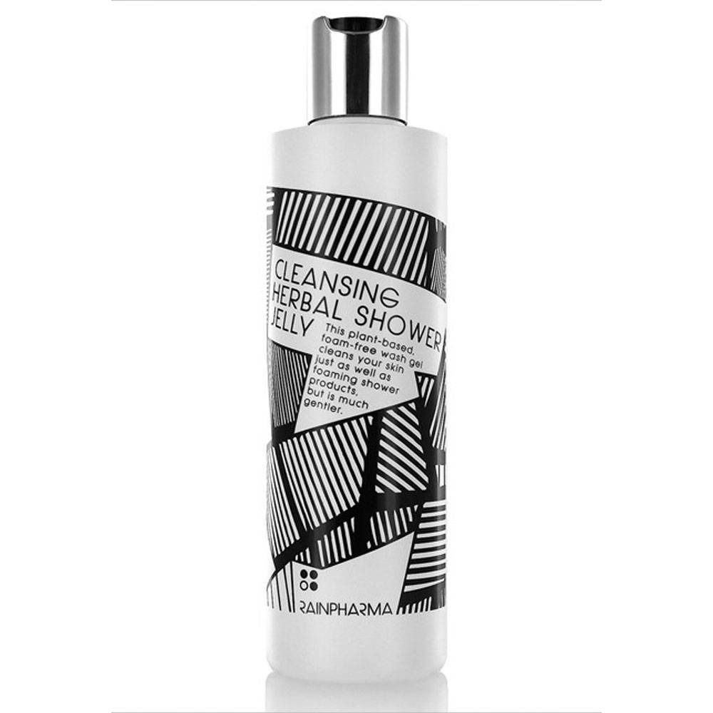 Witte douchegel met zilveren dop. Zwarte grafische elementen en tekst 'CLEANSING HERBAL SHOWER JELLY'.