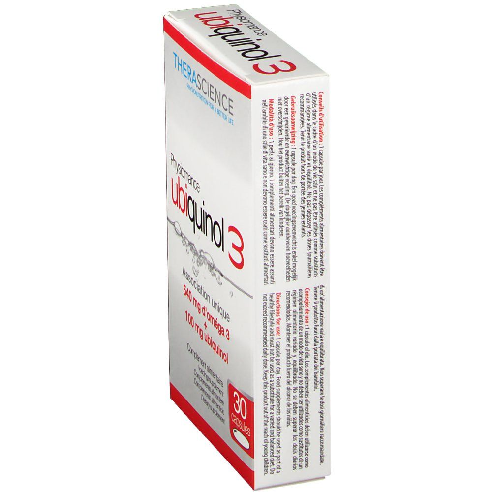Boîte de Physiomance ubiquinol 3. Emballage rouge et blanc, nom et détails. Contient 30 capsules.